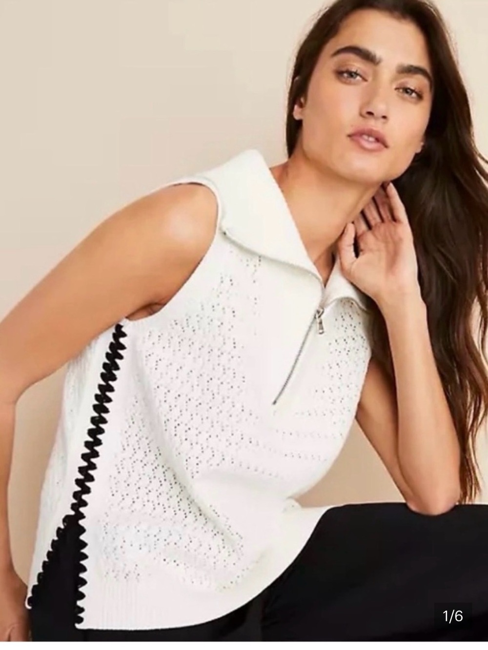 Lou & Grey Ivory Sleeveless Zip-Collar Knit Sweater with Black Side Trim
